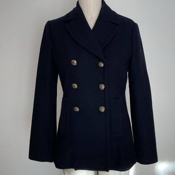 Banana Republic Navy Blue Double Breasted Wool Pea Coat with Gold Buttons - Picture 2 of 12
